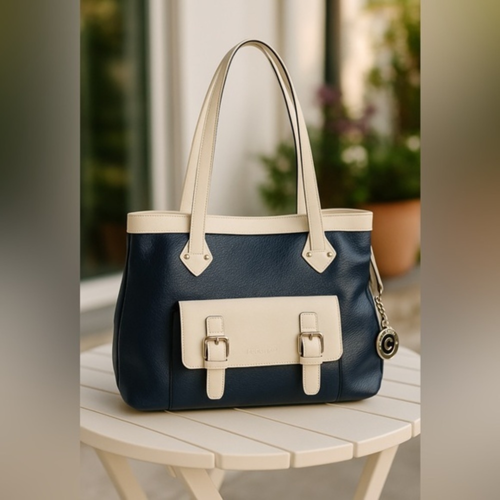 Navy & Cream Leather Satchel – Classic Buckle Detail Shoulder Tassel Bag GUC